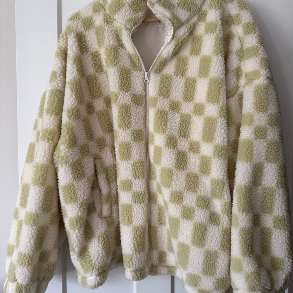 a new day White green checkered Fleece Jacket